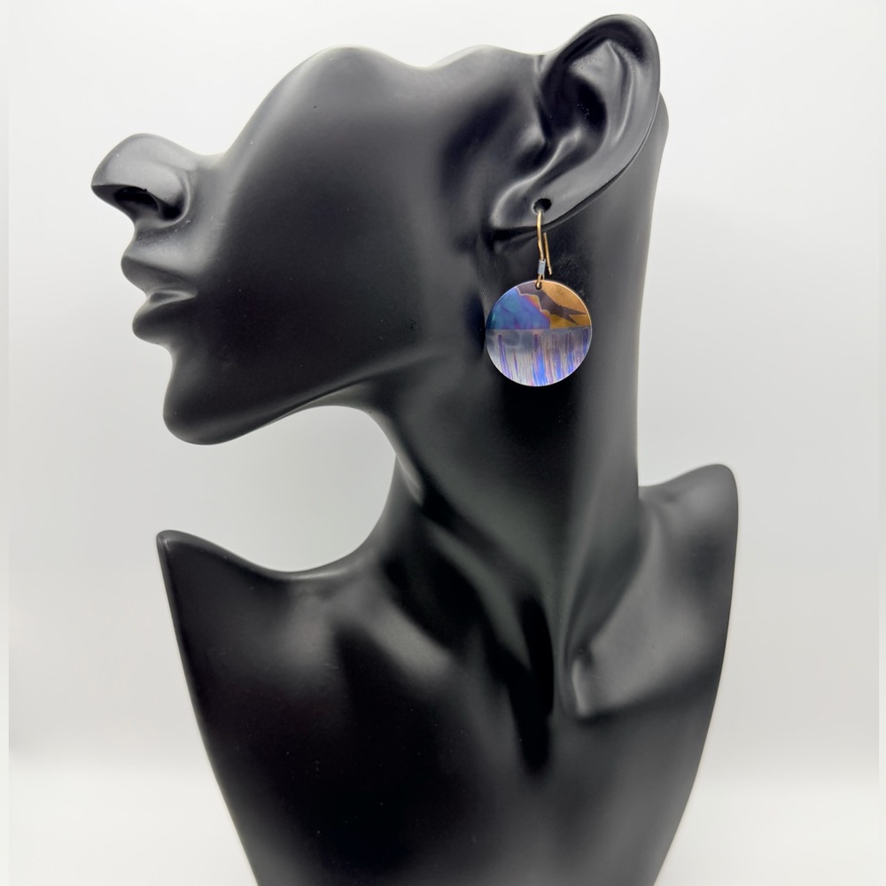 Holly Yashi Niobium Disc Earrings Multicolor Drop Dangle 1” Signed Purple Blue